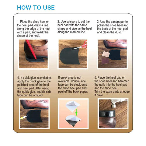 Image showing instructions and steps for using the Two Pairs Rubber Heel Pads Replacement Kit With 3.5 mm Thick Anti Slip Cushions, including cutting, sanding, and attaching heel pads to shoes.
