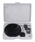 Heavy Duty Carbon Steel Hole Saw Kit With 13 Pieces For Precise Drilling In Wood Drywall PVC And Cork Plus Mandrels Fast Accurate Cuts For Cool DIY Pros, open case