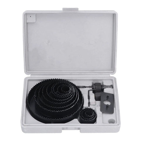 Heavy Duty Carbon Steel Hole Saw Kit With 13 Pieces For Precise Drilling In Wood Drywall PVC And Cork Plus Mandrels Fast Accurate Cuts For Cool DIY Pros, open case