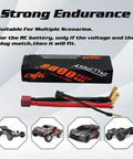 Rugged Case 2S 8000mAh 120C LiPo Battery 7.4V with T-plug, shown with RC cars, for prolonged run time on heavy loads.