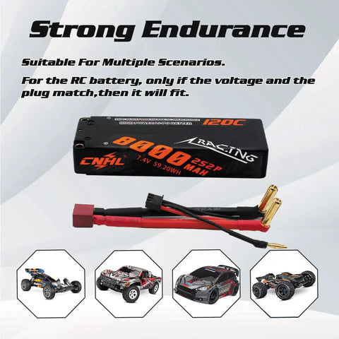 Rugged Case 2S 8000mAh 120C LiPo Battery 7.4V with T-plug, shown with RC cars, for prolonged run time on heavy loads.