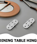 Stainless Steel Desk Hinges Flip Top 4 Pack With Round Edges, on gray background with woodworking tools.