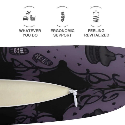 Close-up of Purple Black Goth Spooky U Shaped Travel Pillow with memory foam core and zippered polyester cover.