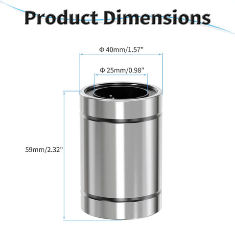 Product image of LM25UU Linear Ball Bearing 25mm ID, 40mm OD, 59mm Length, dimensions shown for 3D printers and CNC slides.