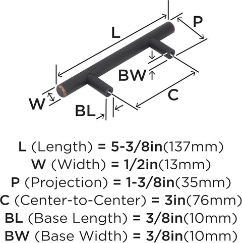 Diagram of Oil Rubbed Bronze Bar Cabinet Pull 3 Inch Center To Center Contemporary Drawer Handle 5-3/8 Inch with dimensions