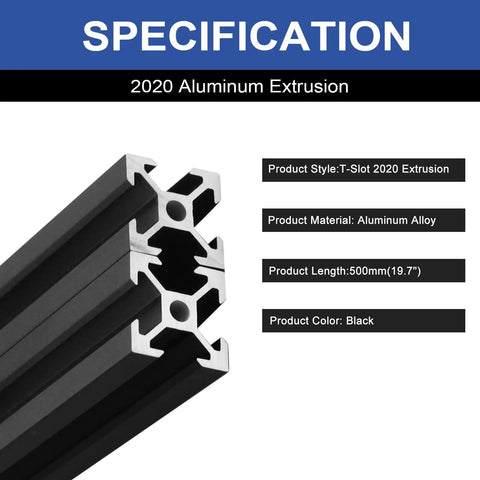 Diagram highlighting specifications of 4Pack 2020 Aluminum Extrusion T Slot 500mm Black Extruded Aluminum Profile, European Standard.