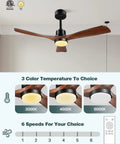 52 Inch Walnut Outdoor Ceiling Fan With Light And Remote Three Blades Three Downrods Six Speed Quiet DC Motor Cool Modern Rustic Ceiling Fan For Patios Porch Living Rooms Bedrooms Indoor Outdoor Use displayed with light color temperature options and speed settings