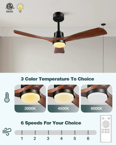 52 Inch Walnut Outdoor Ceiling Fan With Light And Remote Three Blades Three Downrods Six Speed Quiet DC Motor Cool Modern Rustic Ceiling Fan For Patios Porch Living Rooms Bedrooms Indoor Outdoor Use displayed with light color temperature options and speed settings