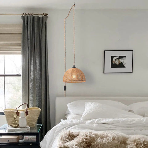 2 Pack Rattan Plug In Pendant Lights With On Off Switch Vintage Farmhouse Hand Woven Bamboo Dome Lighting in bedroom