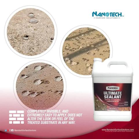 Ultimate Sealant Invisible Water Repellent Coating for Concrete and Masonry Porous Surfaces SiO2 Nano Based 1 Gal bottle with droplets on concrete