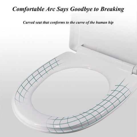 Silent Soft Close No Sweat Quick Release Oval Toilet Seat With Adjustable Zinc Hinge showing a curved seat design for comfort.