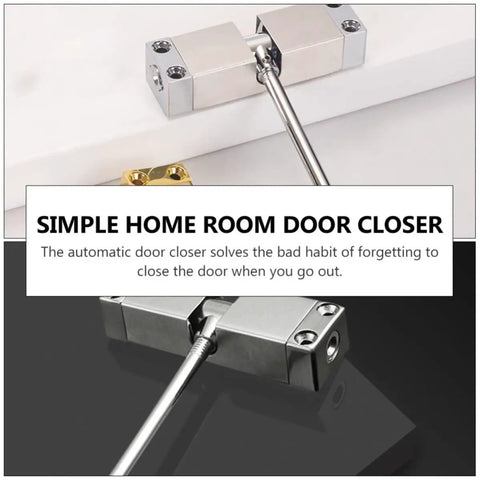 Automatic Door Closer for Home and Dorms, durable aluminum alloy build, smooth self-closing, installed on door.