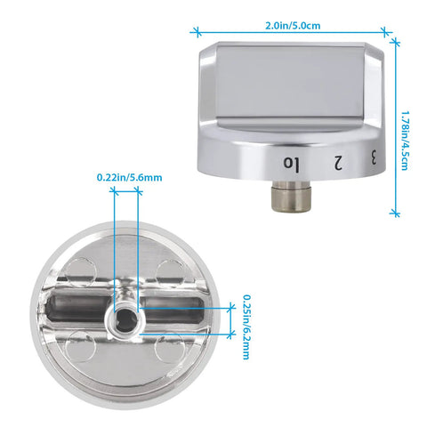 Detailed view of Five Pack Stove Knob Replacements For Gas Range And Oven Beefed Up Stainless Steel Protection Ring Simple Install 0.25 Inch Shaft Fit AP5984069 Compatible Knobs, showing dimensions and stainless steel ring.