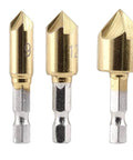 Aracombie six-piece countersink drill bit set, titanium HSS, 3-flute, 6–19 mm, front view