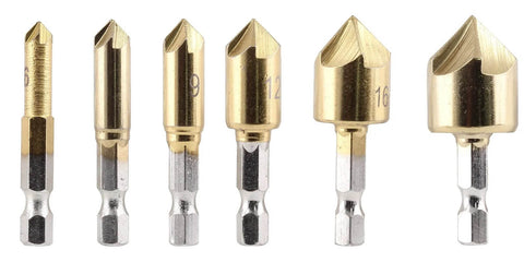 Aracombie six-piece countersink drill bit set, titanium HSS, 3-flute, 6–19 mm, front view