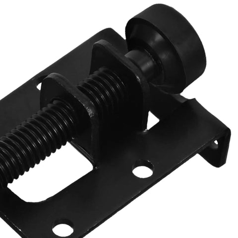 Close-up of Heavy Duty Adjustable Leveling Feet Set for Cabinets, Tables, and Workbenches, Black with Right Angle Design, Non Slip Grip.