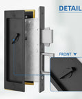 Modern Pocket Door Hardware Set With Privacy Lock, Finger Flush Pulls And Soft Close, shown in black finish with zinc alloy construction.