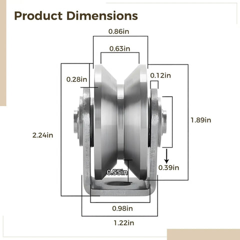 Beefy Heavy Duty Stainless Steel Pulley Kit With Dual Wheel Track System Bolt Attached 2 Pack For Gym Cable Devices V Type Rollers 400 Kg Max Load Perfect For Weight Hoisting, dimension chart