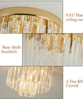 Modern Crystal Ceiling Light Chandelier 2-Tier Flush Mount Pendant in French Gold Finish with Sparkling K9 Crystals, 3-Light