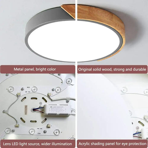 Sleek Modern Round Wood LED Ceiling Light 15.8 Inch Flush Mount Fixture In Gray Minimalist Circular Ceiling Lamp Details