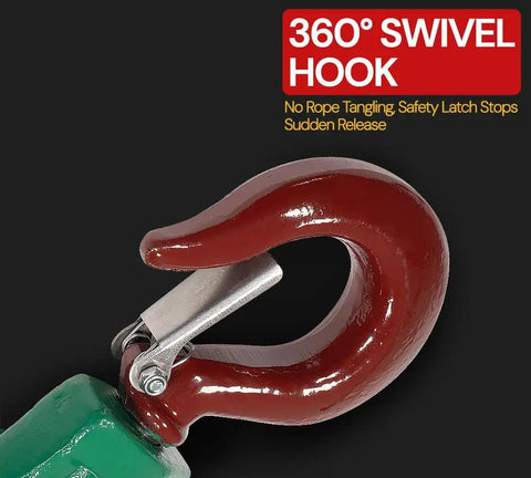 360° swivel hook detail of Two Pack Snatch Block With Hook, 2 Ton Working Load, 3 Inch Sheave, 3/8 Inch Wire Rope Compatible