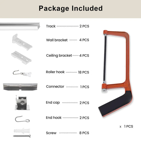 Heavy Duty Ceiling And Wall Mounted Curtain Track Rail System With Roller Hooks For Drapes, White Aluminum Alloy, 3 Ft To 6 Ft Adjustable Length, Room Divider Setup, Easy Install, DIY Friendly, package contents view
