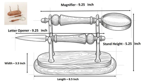 Design diagram of a Sleek Silver Brown Wood Desk Set With Magnifying Glass And Letter Opener For Home Office Decor And Boss Level Gift Modern Executive Office Accessories, showing dimensions.