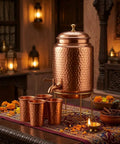 Copper Hammered Water Dispenser With Tap And Stand, Four Copper Glasses Included, 6.5 Liter Capacity For Family Use And Home Gatherings
