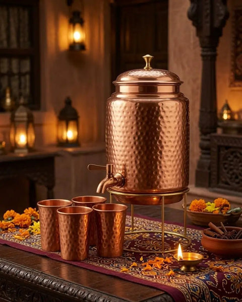 Copper Hammered Water Dispenser With Tap And Stand, Four Copper Glasses Included, 6.5 Liter Capacity For Family Use And Home Gatherings
