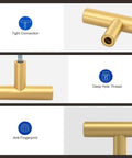 Premium Brushed Brass Cabinet Knobs 2 Inch Dresser Pulls Hardware Set 12 Pack showing tight connection and deep hole thread details.