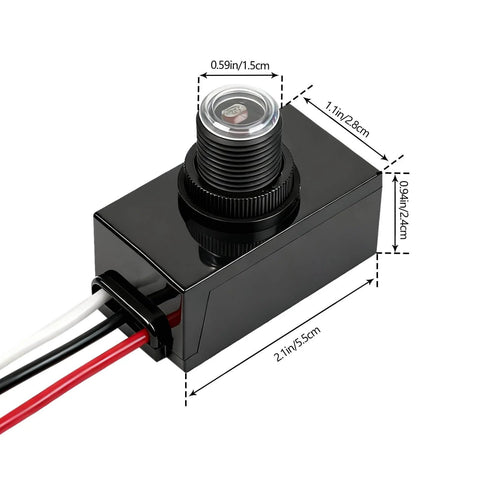 2 Pack Dusk To Dawn Photocell Light Sensor Outdoor Lighting Control Switch Black With Wired Connection, showing dimensions.