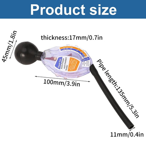 Side view of coolant tester accessory with clear bulb and black tube for testing automotive antifreeze.