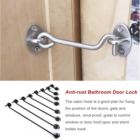 Beefy Metal Door Hook And Eye Latch For Porch Gate And Pantry Cabinet With Rustproof Mounting Screws For No Sweat Diy Setup. Stainless steel latch mounted on wooden door.