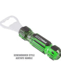 Screwdriver Style Bottle Opener With Durable Acetate Handle in green, designed for workspaces, garages, and toolboxes.