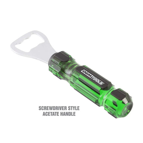 Screwdriver Style Bottle Opener With Durable Acetate Handle in green, designed for workspaces, garages, and toolboxes.