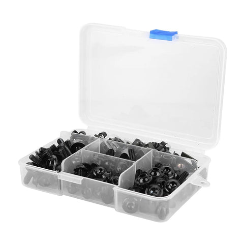 Aluminum Motorcycle Screw Kit 177 Piece Set M5 M6 Fairing Fasteners for Sportbikes in open plastic case with compartments