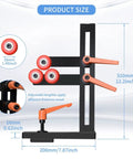 Diagram of L Shaped Wood Lathe Steady Rest with Three Fixed Wheels and Adjustable Wheel Position, showing dimensions and parts.