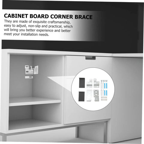 Heavy Duty Corner Brackets For Cabinets And Cupboards Wall Mounting Hardware Set with steel brackets and installation parts shown.