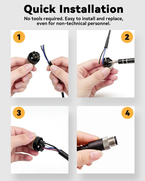 Step-by-step installation of 8-Pin Female Connector Wire With 24AWG PVC Cable, Gold-Plated Contacts, IP67 Waterproof Sensor Cable