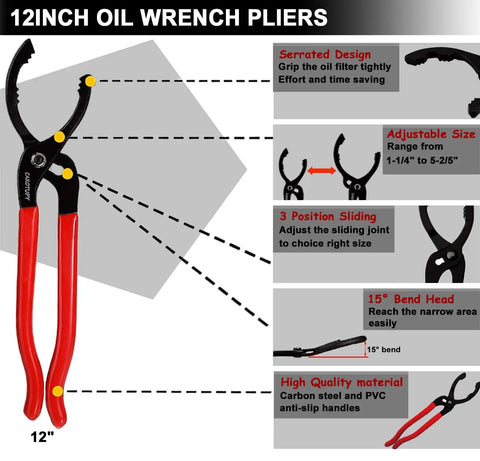 12-inch pliers from Beefed Up Adjustable Oil Filter Pliers Set, showing serrated design, 15° bend, and adjustable size from 1-1/4 to 5-2/5 inches.
