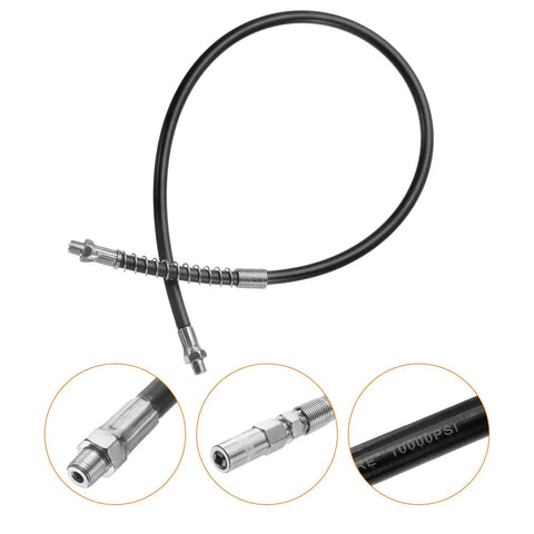 Grease Gun Hose Kit 23.8 Inch Long 10000 PSI Spring Flex High Pressure Hose With Quick Release Coupler One Eighth NPT Threads For Grease Gun Pro Grade Heavy Duty Durable Rubber Iron Build Black