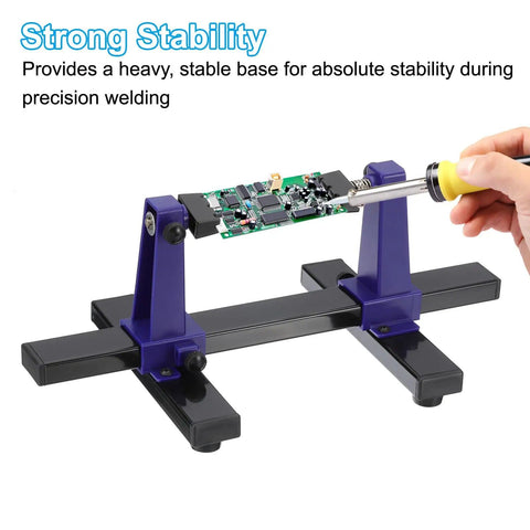 Adjustable PCB Holder With 360 Degree Rotation For Circuit Board Soldering And Desoldering Repair, Metal Base Workbench Desk Stand, Holds Up To 20 x 14 Cm Boards, Blue, shown securing a circuit board with a soldering iron in use
