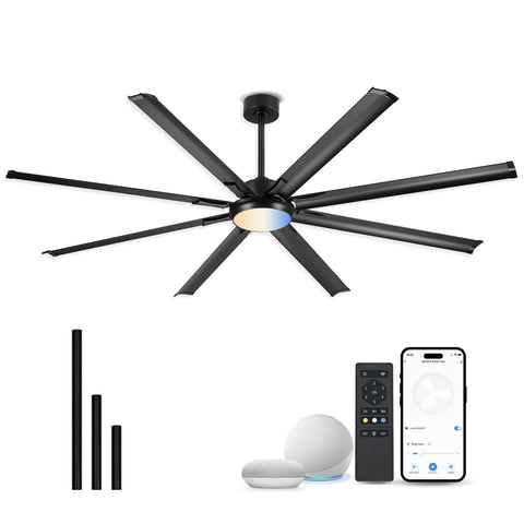 84 Inch Industrial Ceiling Fan With Light For Covered Outdoor Spaces, Alexa Compatible, with remote and app controls displayed