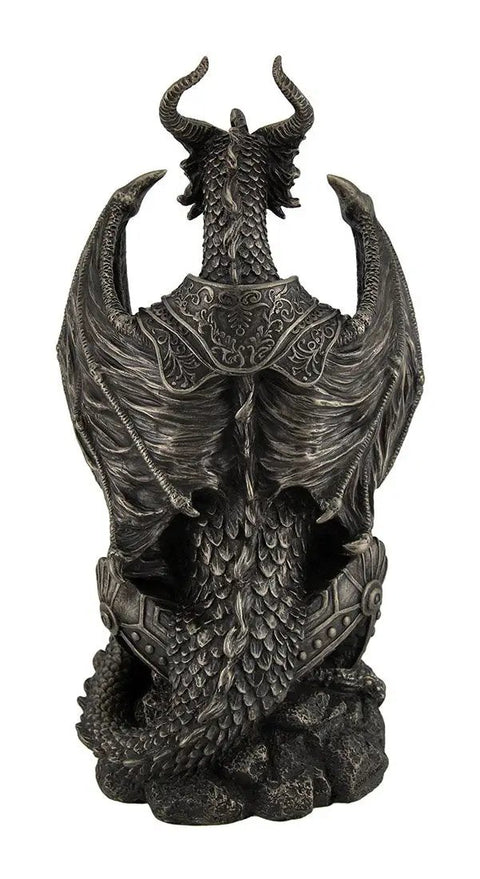 Guardian Of The Light Armored Dragon LED Night Light Statue 10 Inch Bronze Finish Cold Cast Bronze Home Decor Lamp For Dragon Fans And Mythology Nerds, back view