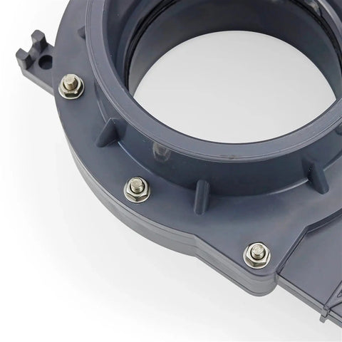 Close-up view of a 6 Inch Knife Gate Drain Valve For Sewage And Water Systems Heavy Duty Plastic Design with bolts.