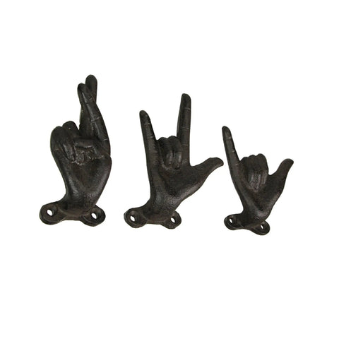 Set Of 3 Hand Gesture Wall Hooks, Super Handy Rustic Cast Iron Decor, 4 Inch Hella Tough Metal Coat Rack For Keys Jewelry Pet Leashes And Towels Inside Your Favorite Room - unique cast iron hand designs.