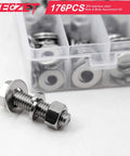 176-piece bolts and nuts kit; front view of stainless steel bolt with two nuts and washer in clear plastic case.