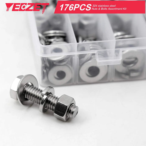 176-piece bolts and nuts kit; front view of stainless steel bolt with two nuts and washer in clear plastic case.