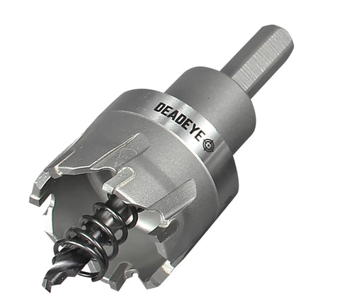 Deadeye Carbide Tipped Hole Cutter Kit 4 Piece Set With Replacement Pilot, close-up of carbide-tipped cutter and six-flat shank.