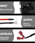 Detailed diagram of Heavy Duty 24V 25A Scissor Lift Battery Charger IP67 Waterproof Design input/output connections.